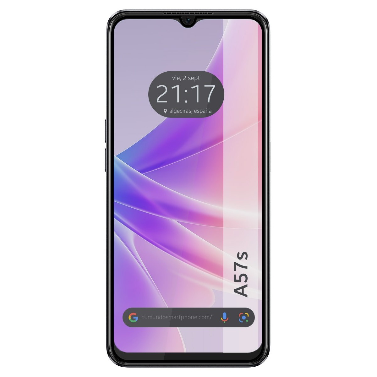 Smartphone con schermo che mostra ora e sito web, etichetta A57s.