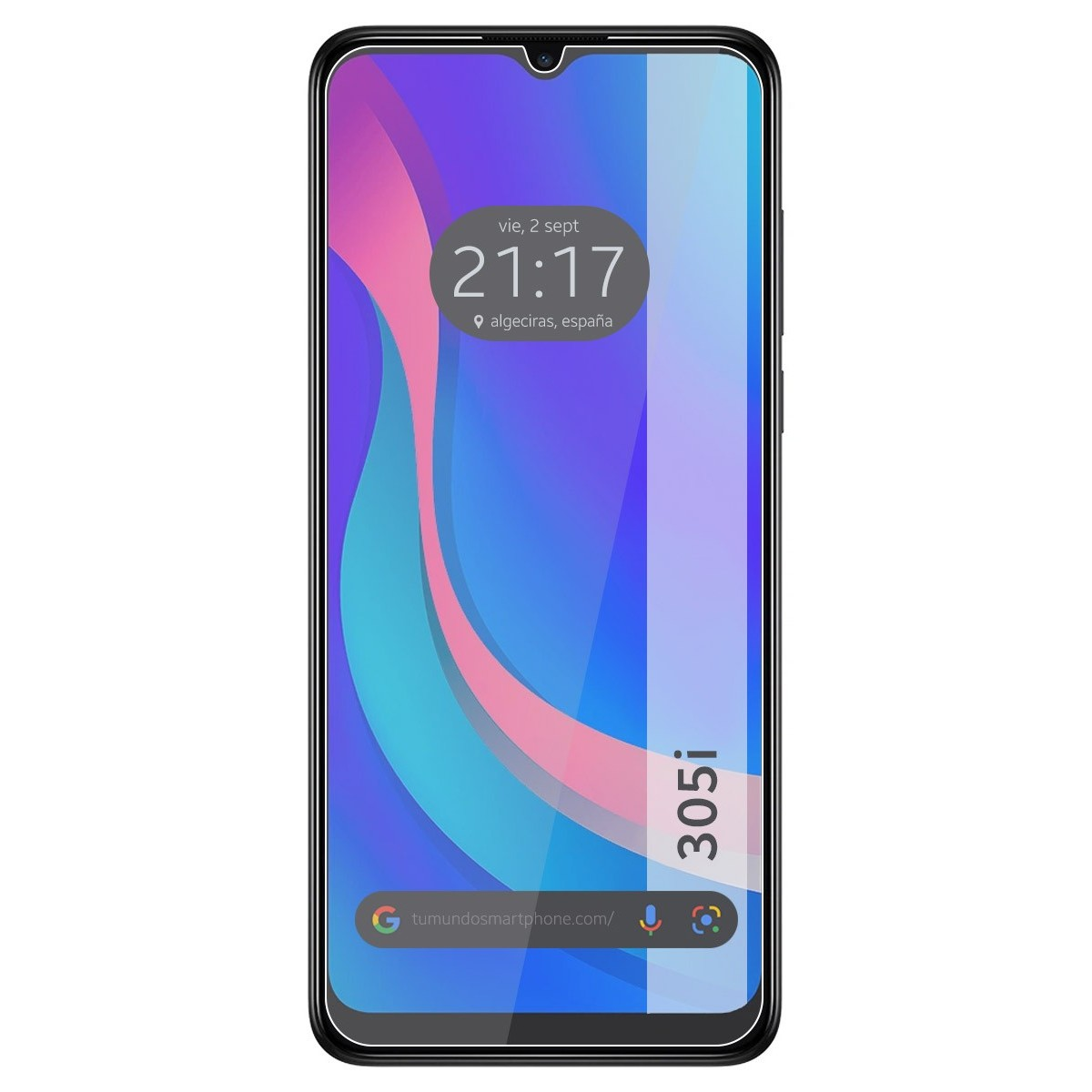 Smartphone con protector de pantalla. La pantalla muestra hora y ubicación.