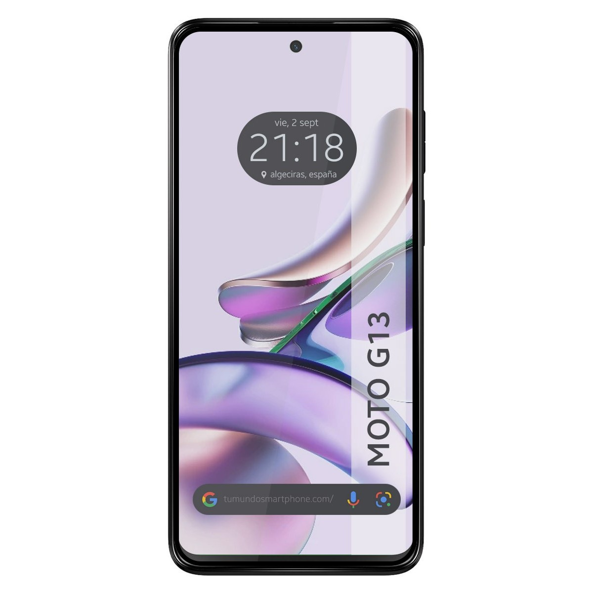 Un teléfono, en la pantalla, muestra la hora y la ubicación. El teléfono es negro.