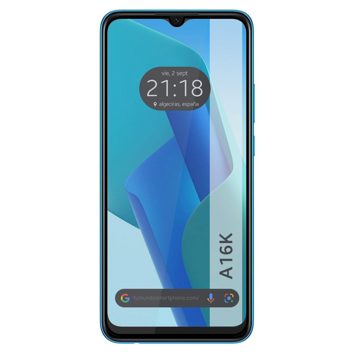 Smartphone blu che mostra uno sfondo astratto blu e bianco.