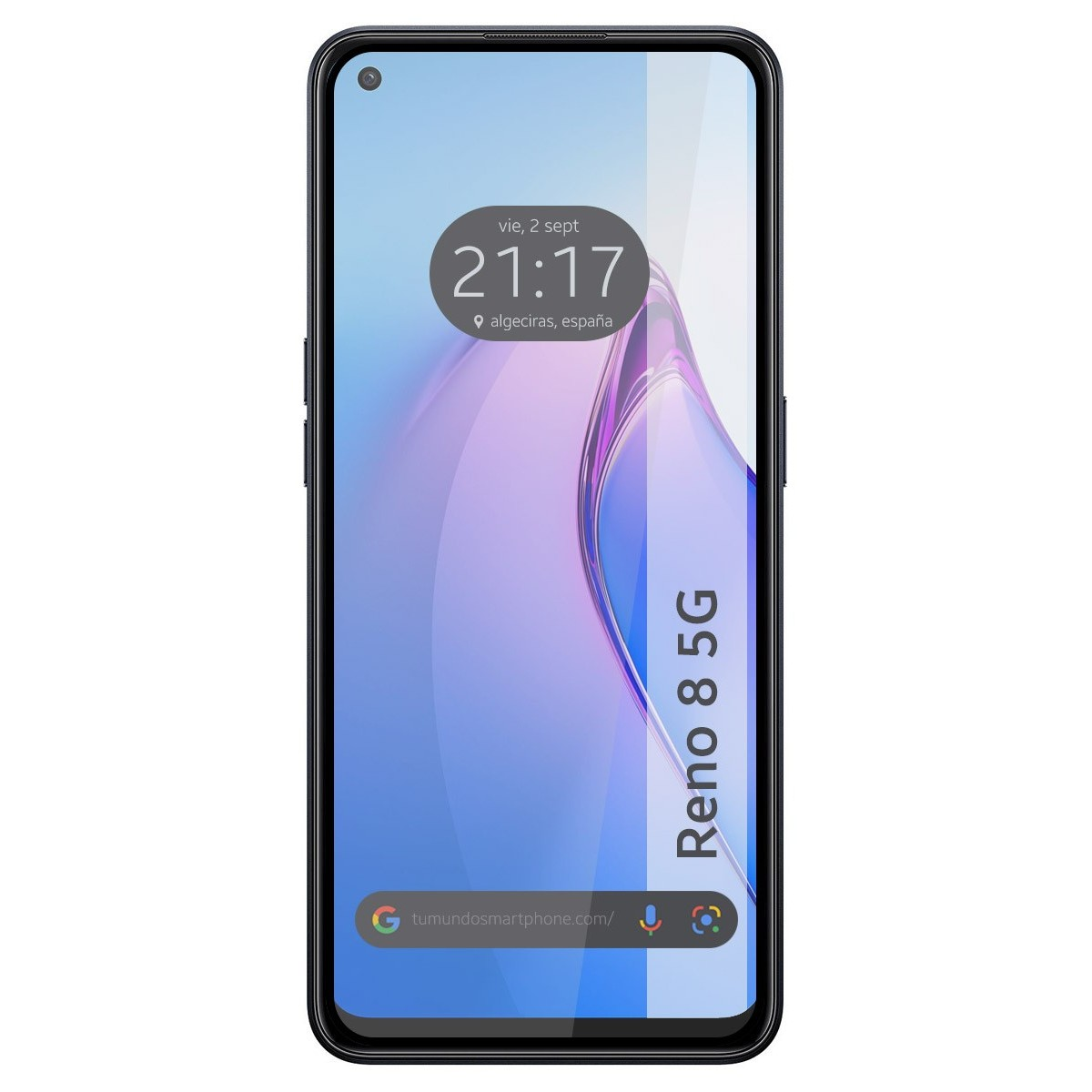Uno smartphone che mostra un orario e una posizione sullo schermo. Il telefono ha una cornice nera.