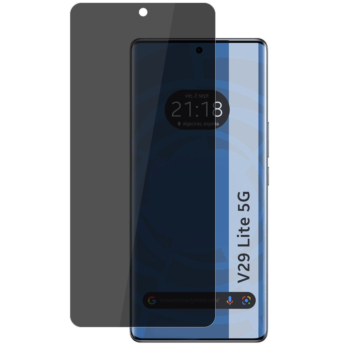 Pantalla de teléfono con protector. Hora: 21:18, algeciras, españa. V29 Lite 5G.