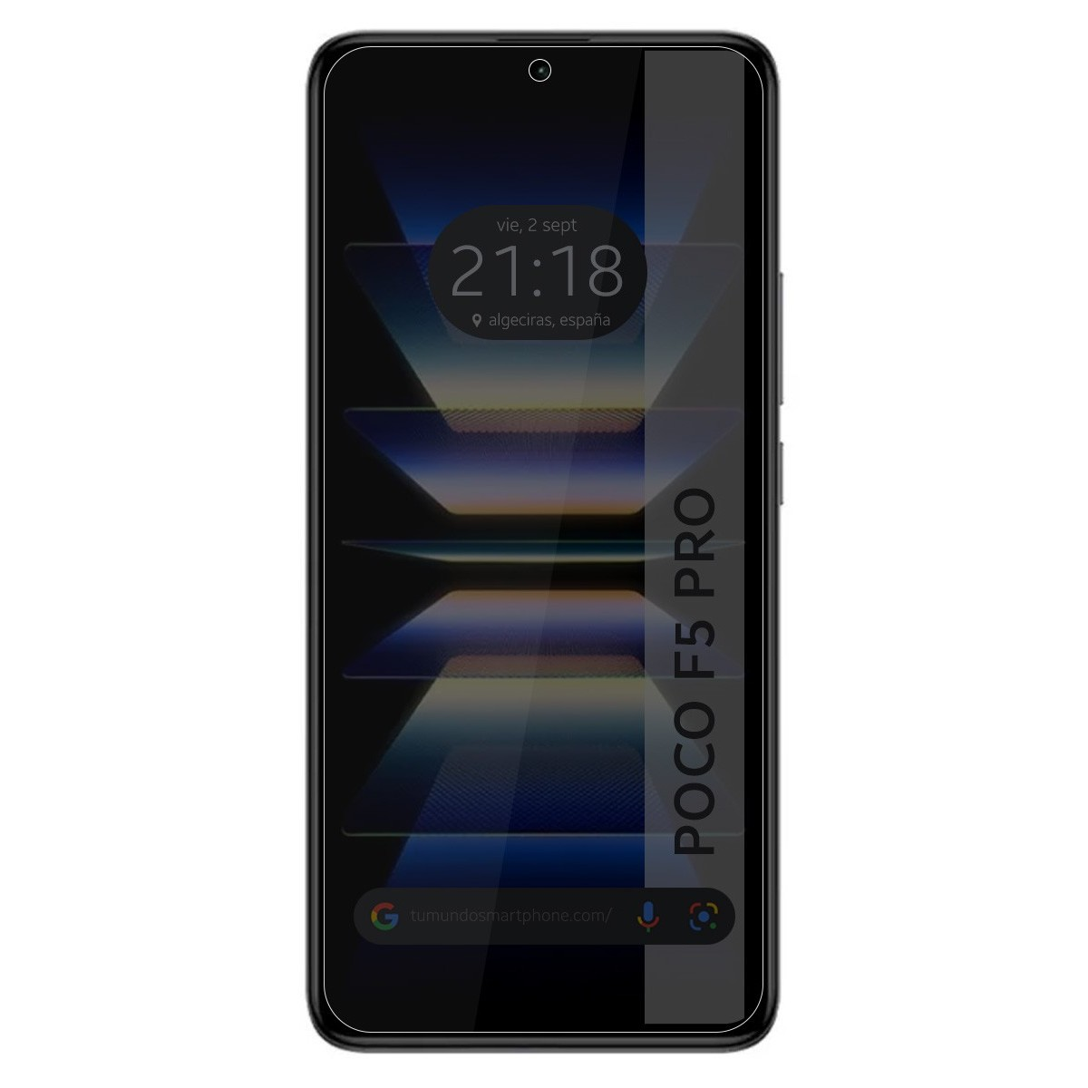 Pantalla de smartphone con fecha, hora y una dirección web. Texto 'POCO F5 PRO' en el lateral.