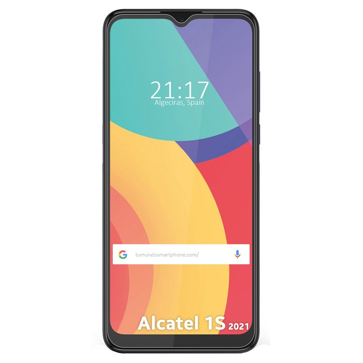 Smartphone negro con pantalla colorida que muestra fecha, hora y barra de búsqueda.