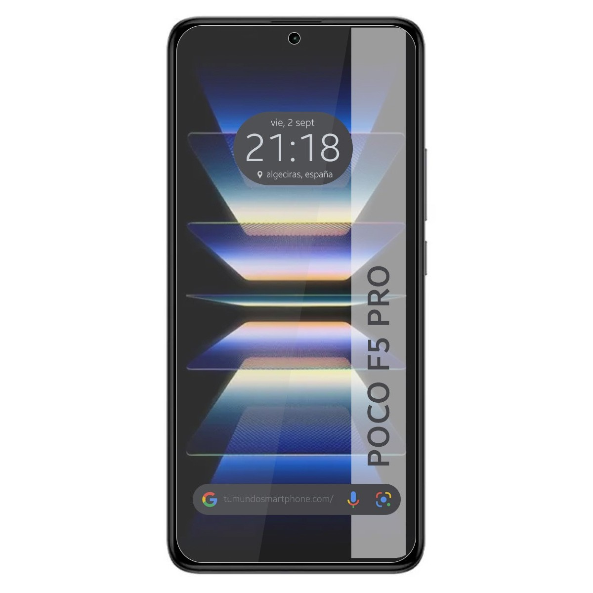 Teléfono mostrando hora y fecha. Texto: POCO F5 PRO. La pantalla tiene una lámina protectora.