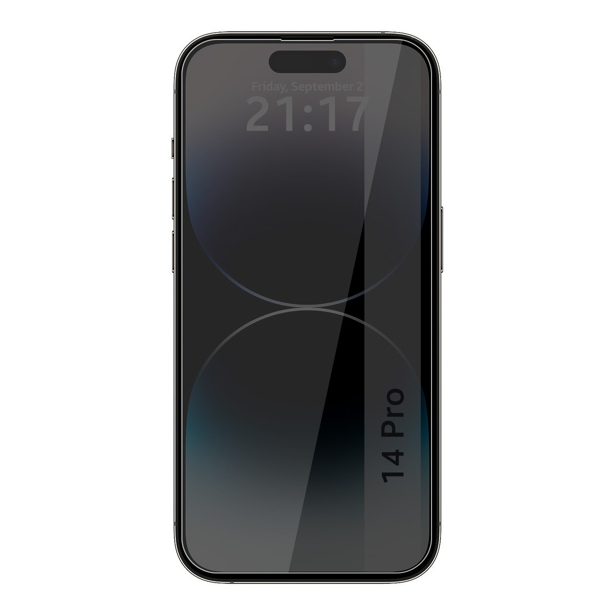 Teléfono negro iPhone 14 Pro. La pantalla muestra un degradado oscuro. El teléfono tiene un marco negro.