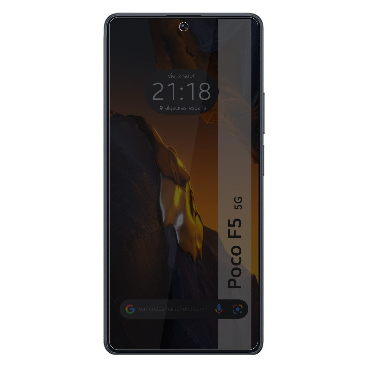 Pantalla de smartphone con protector, mostrando la hora y fecha.