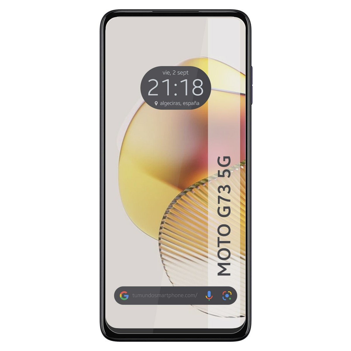 Smartphone que muestra reloj, fecha y ubicación española en pantalla.