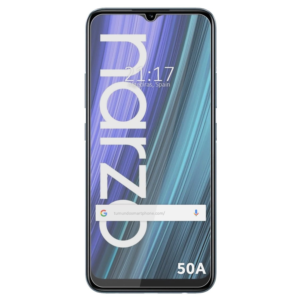 Smartphone con protector de pantalla. La pantalla del teléfono muestra barra de búsqueda y la palabra narzo.