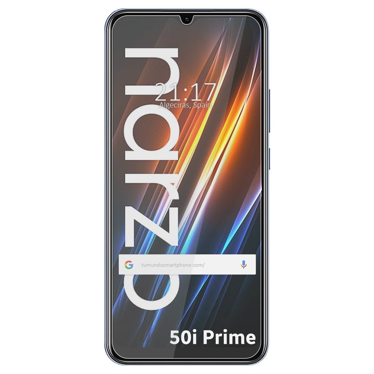 Pantalla de teléfono mostrando hora y ubicación, texto narzo y 50i Prime, con bisel azul.
