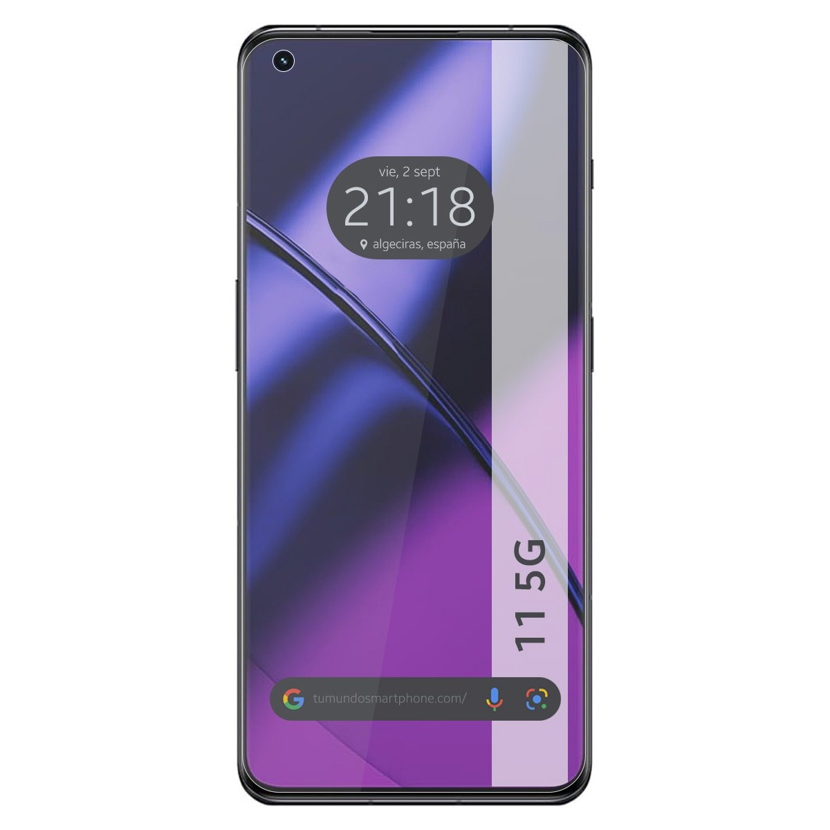 Smartphone mostrando un diseño con colores morado y negro. Muestra fecha y hora.