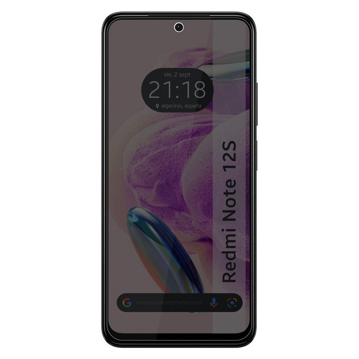 Schermo del telefono che mostra ora, data e posizione. Testo: Redmi Note 12S.