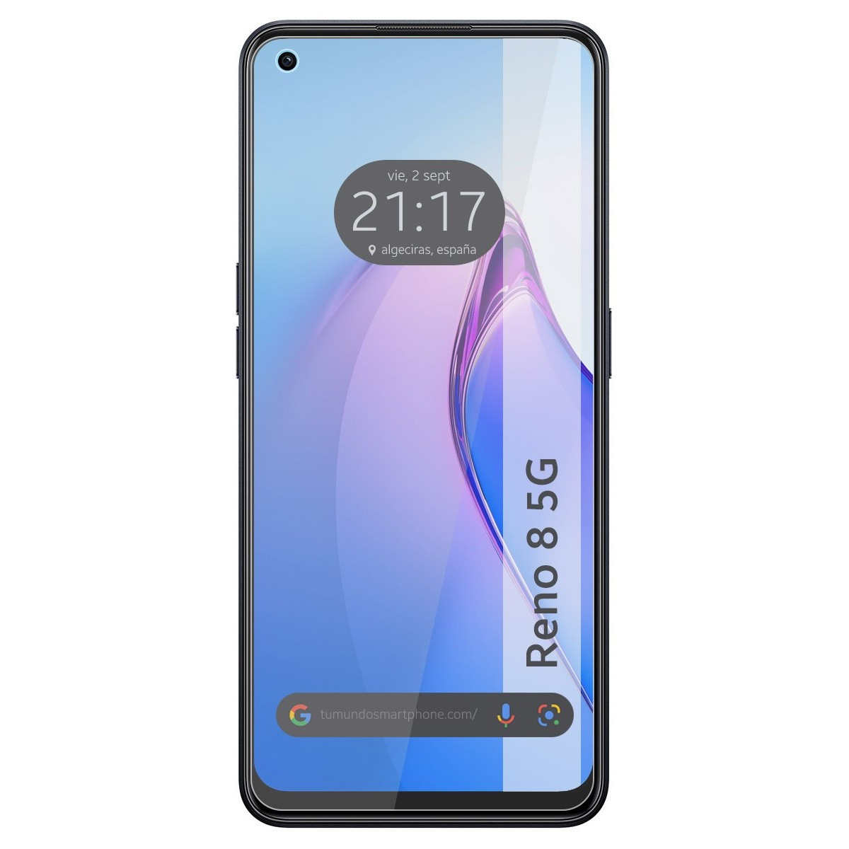Smartphone Oppo Reno 8 5G che mostra ora, data. Barra sito web in basso.