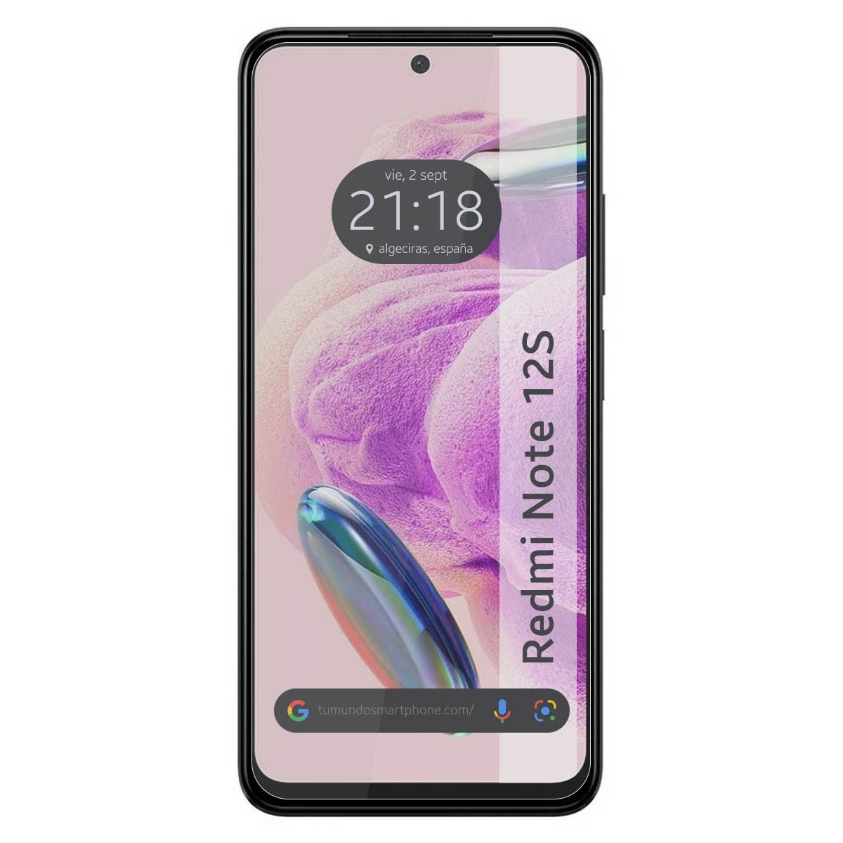 Smartphone con pantalla mostrando un reloj y texto. El teléfono es negro.
