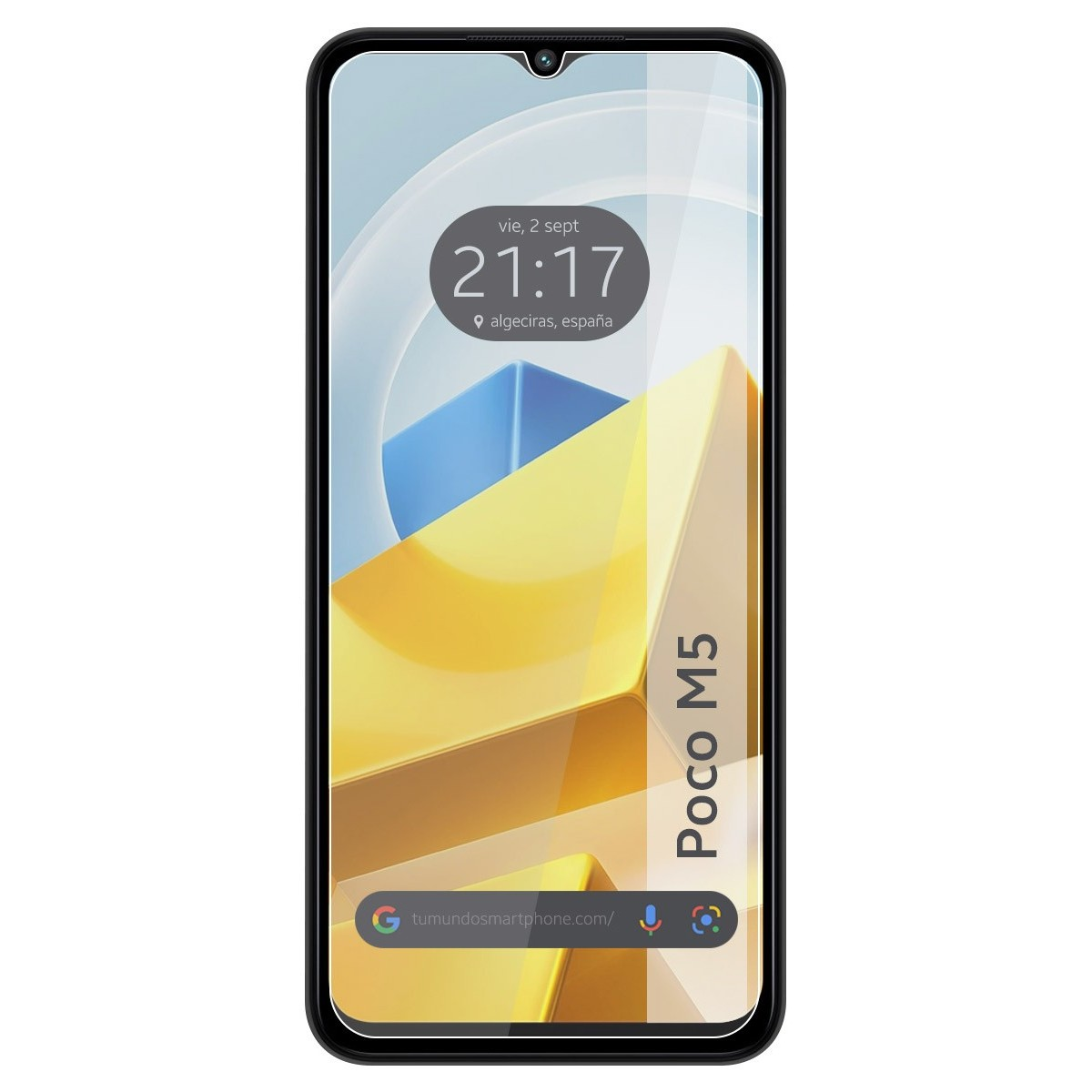 Pantalla de smartphone con reloj y fecha, fondo abstracto amarillo y naranja. Protector de pantalla aplicado.