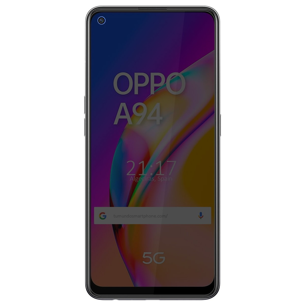 Pantalla de smartphone con texto: OPPO A94. Hora y ubicación en pantalla. Fondo morado oscuro.