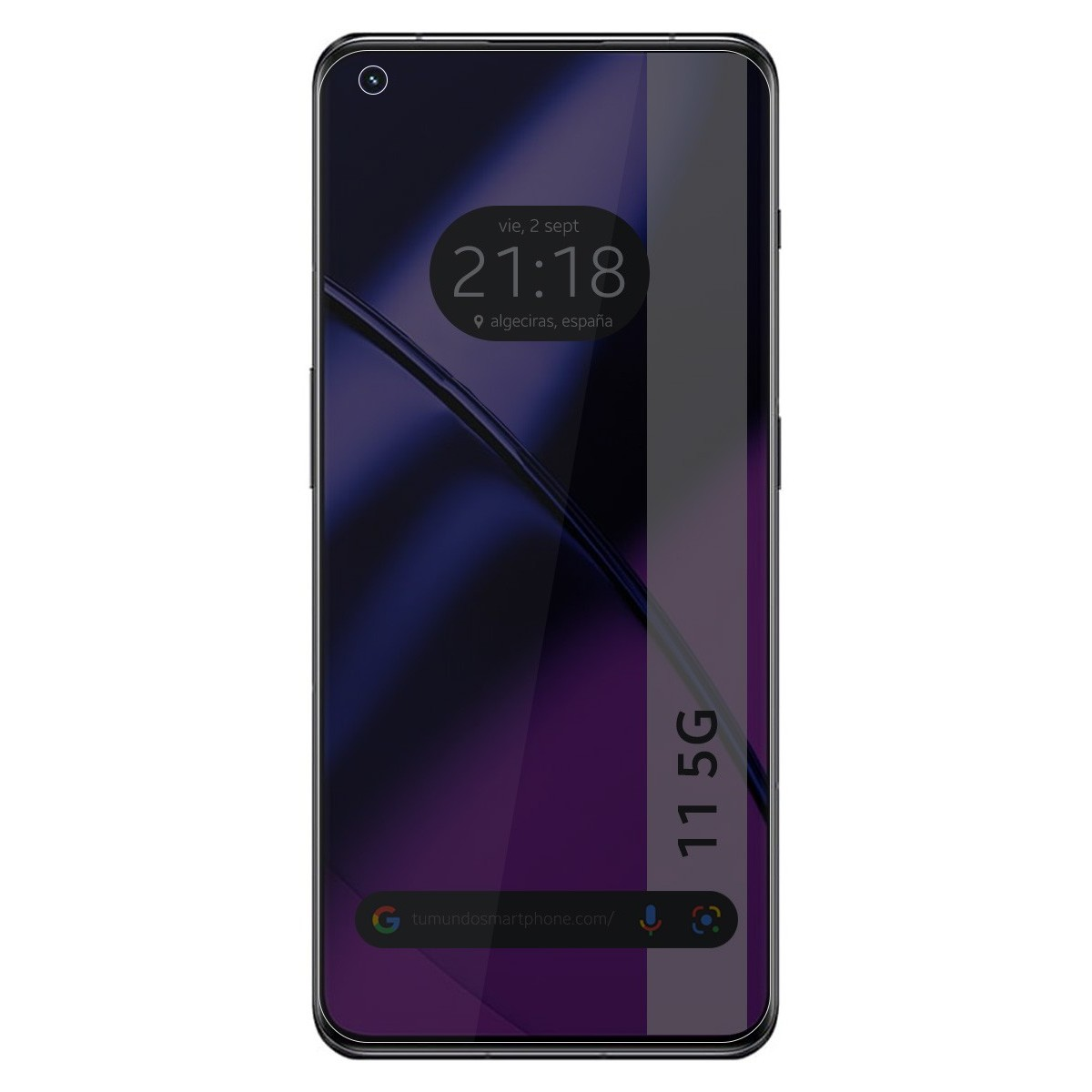 Uno smartphone nero che mostra una schermata di blocco con l'ora e il luogo. È visibile una striscia bianca verticale.
