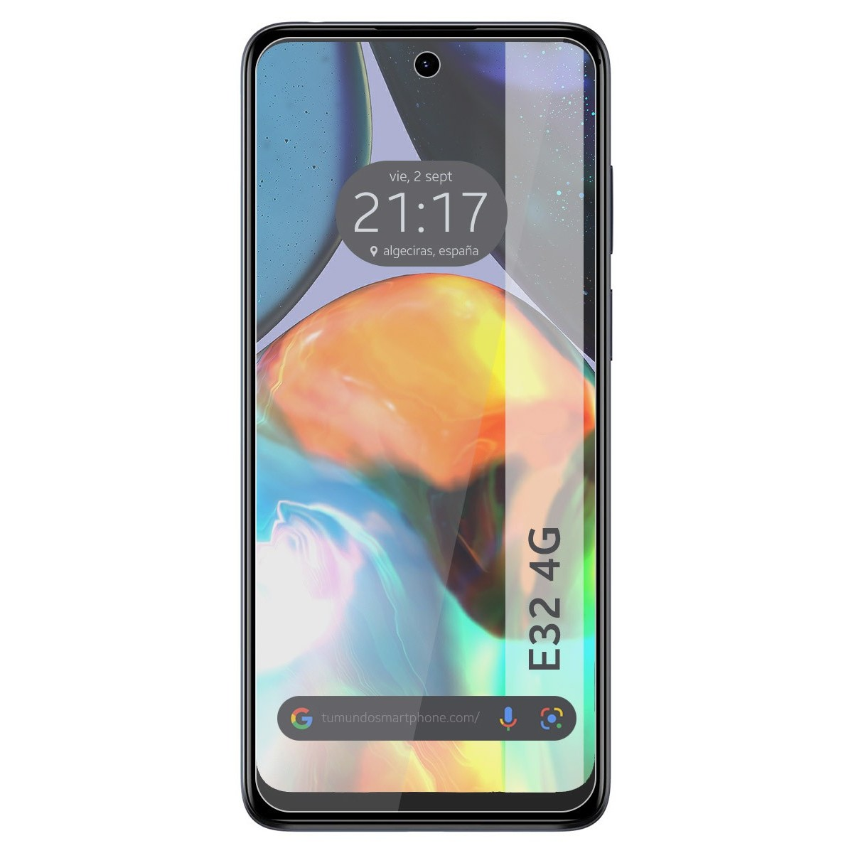 Pantalla de smartphone con fecha, hora y fondo colorido.