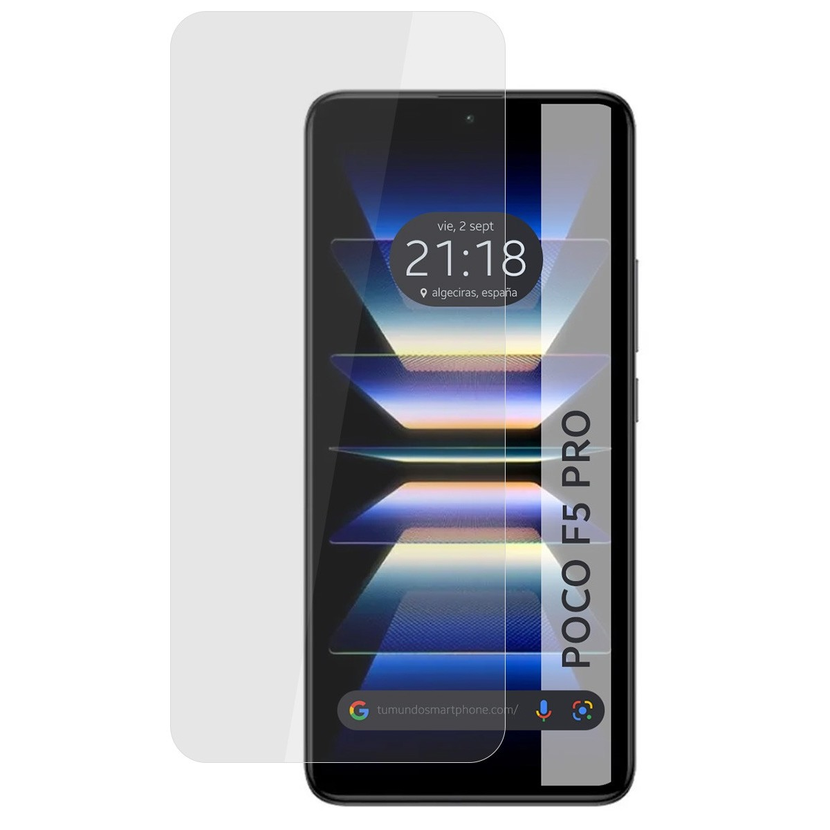 Pantalla de teléfono con protector. Hora: 21:17, algeciras, españa. Poco F5 PRO.