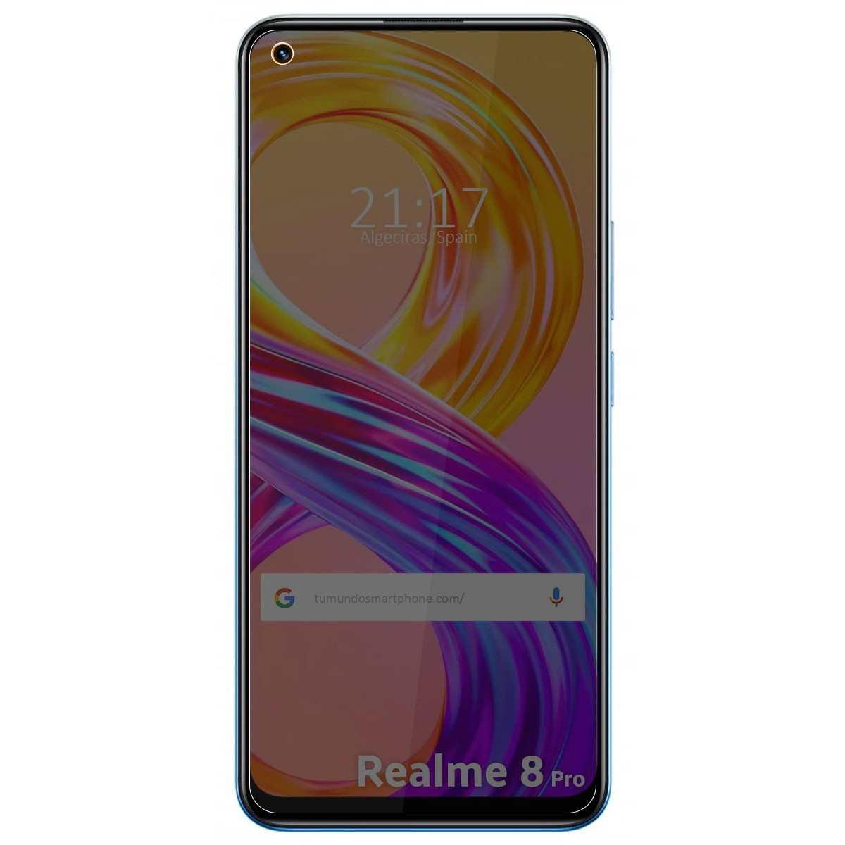 Smartphone con pantalla. Hora y fecha mostradas. Etiqueta Realme 8 Pro abajo. Dirección web y barra de búsqueda.