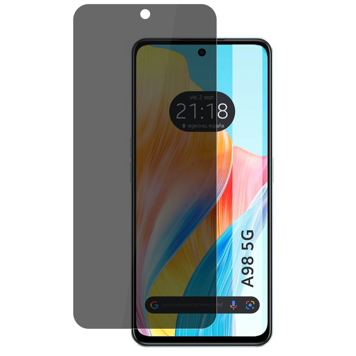 Pantalla de smartphone con protector de pantalla. El teléfono tiene una etiqueta A98 5G.