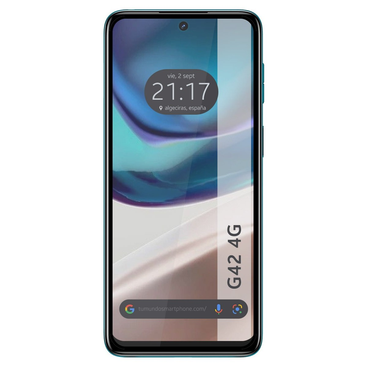 Pantalla de teléfono turquesa con hora y fecha. El texto dice G42 4G. Barra de búsqueda de Google en la parte inferior.