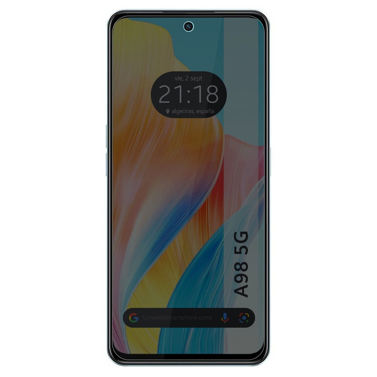 La pantalla del smartphone muestra la hora, la fecha y un diseño abstracto colorido. Texto A98 5G abajo.