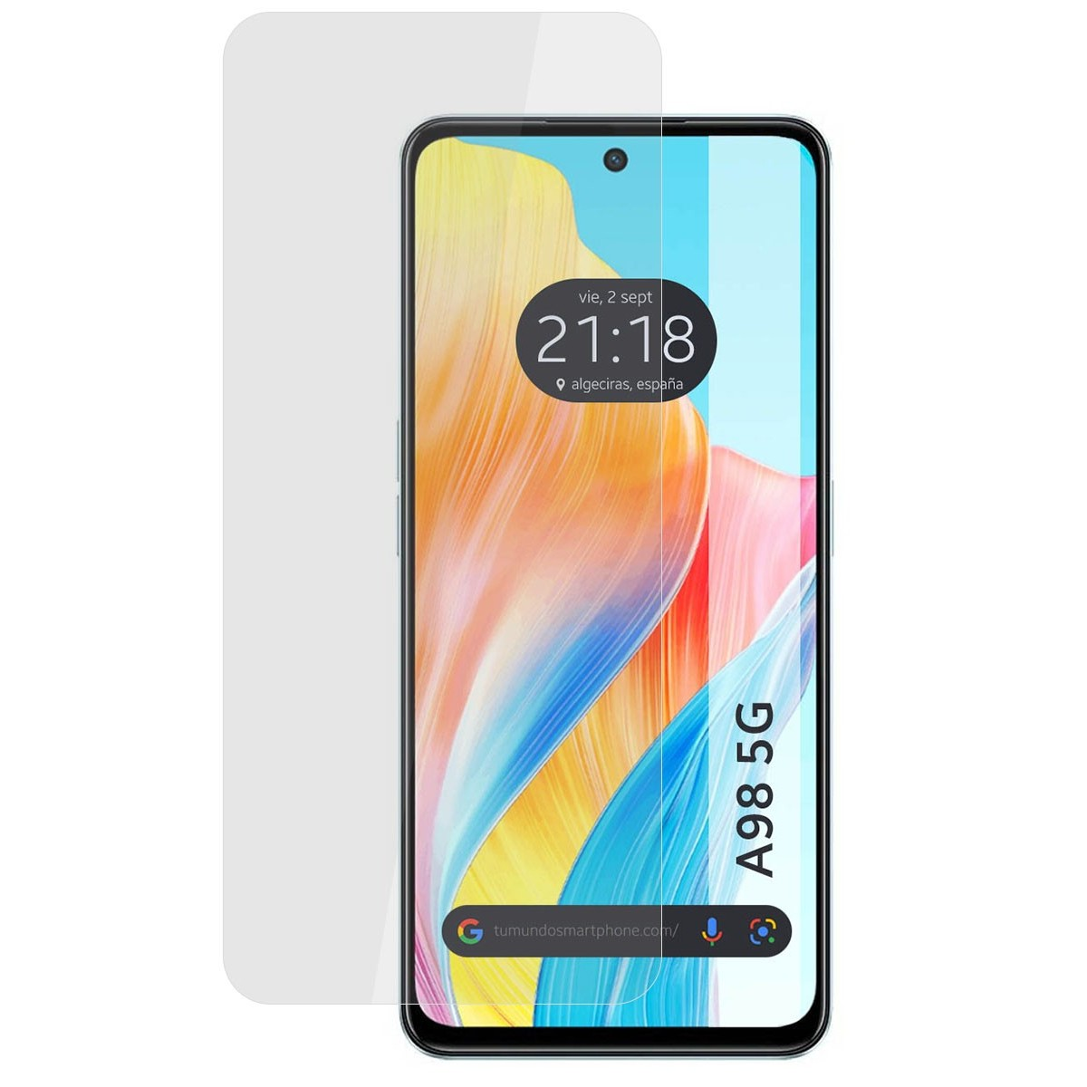 Smartphone con protector de pantalla. Pantalla negra, visualización de hora y texto A98 5G.