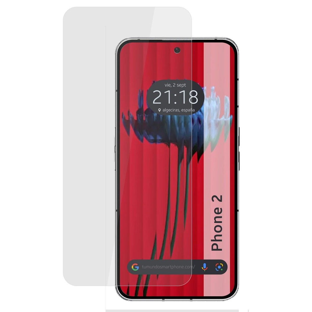 Smartphone con protezione schermo. Lo schermo mostra sfondo rosso con design floreale e ora.