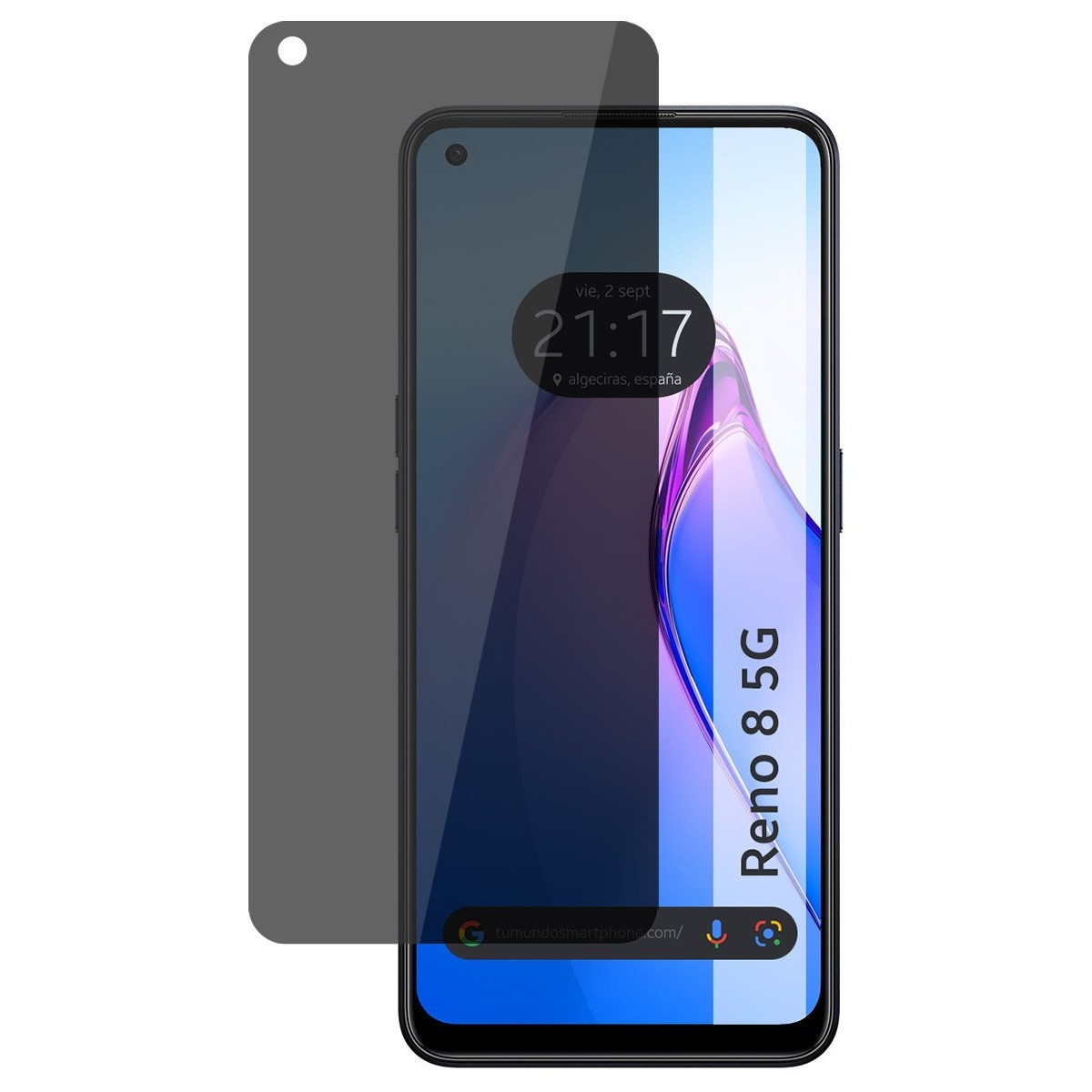 Telefono con protezione schermo privacy. Il display mostra l'ora.