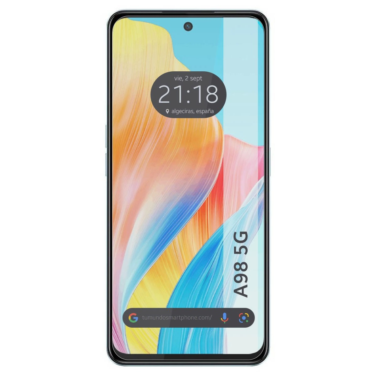 Un smartphone con fondo abstracto y la hora: vie, 2 sept 21:18, con texto A98 5G.