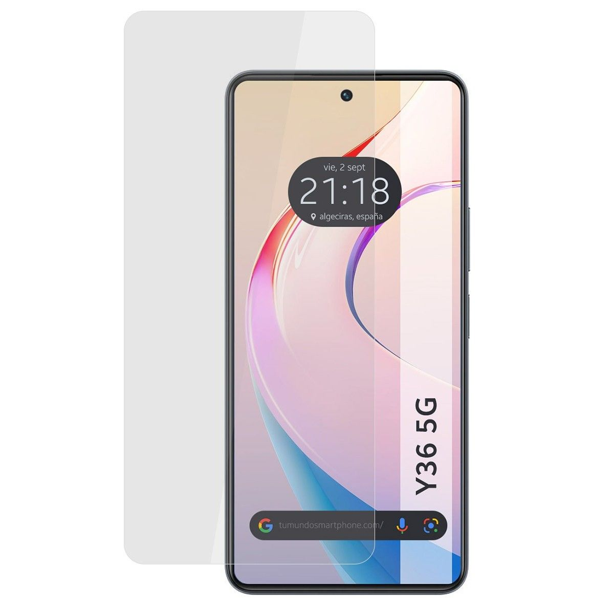 Smartphone con protector de pantalla. Muestra hora, ubicación y nombre del modelo.