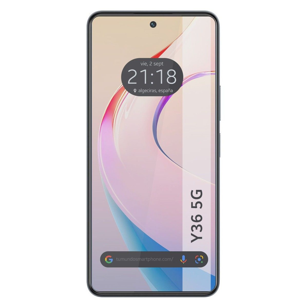 Pantalla de teléfono con hora, fecha y 'Y36 5G'. La hora es 21:18. El teléfono es negro.