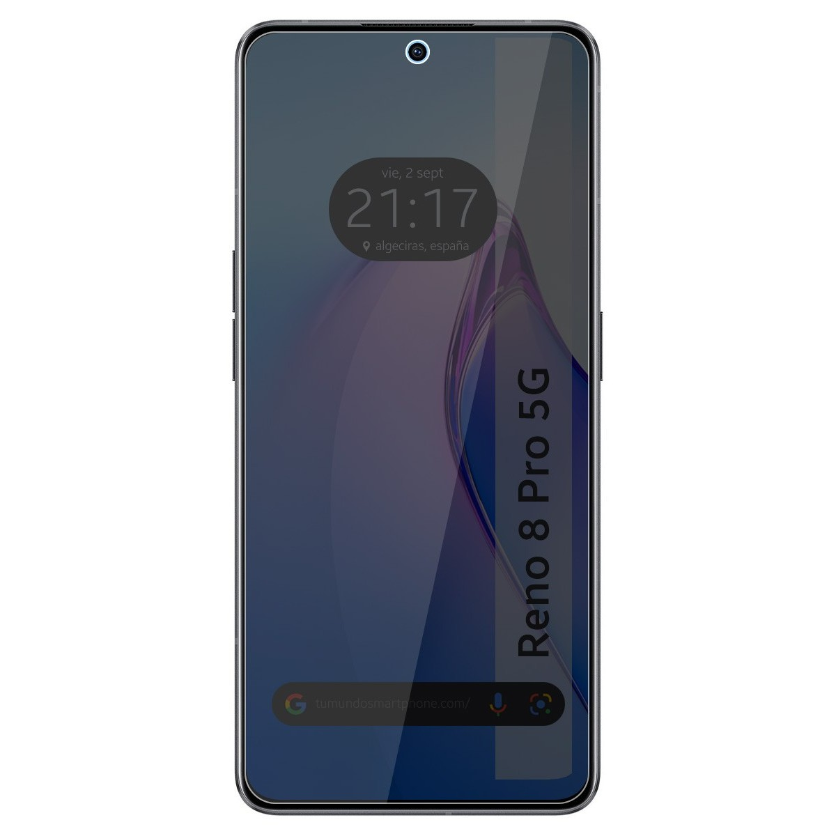Smartphone con protector de pantalla. Muestra hora, lugar. El teléfono es un Reno 8 Pro 5G.