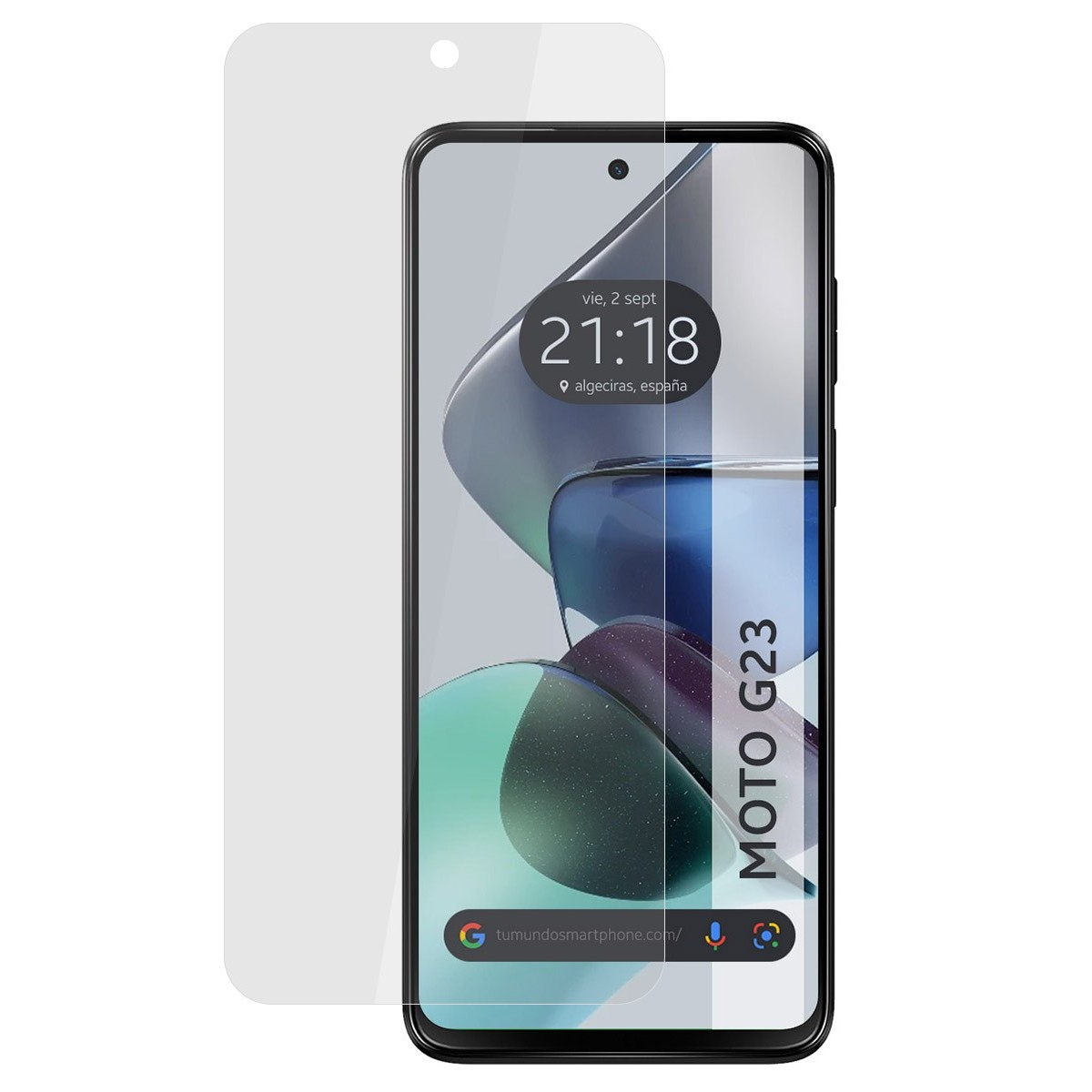 Smartphone y protector de pantalla, mostrando hora y fecha, con texto MOTO G23.