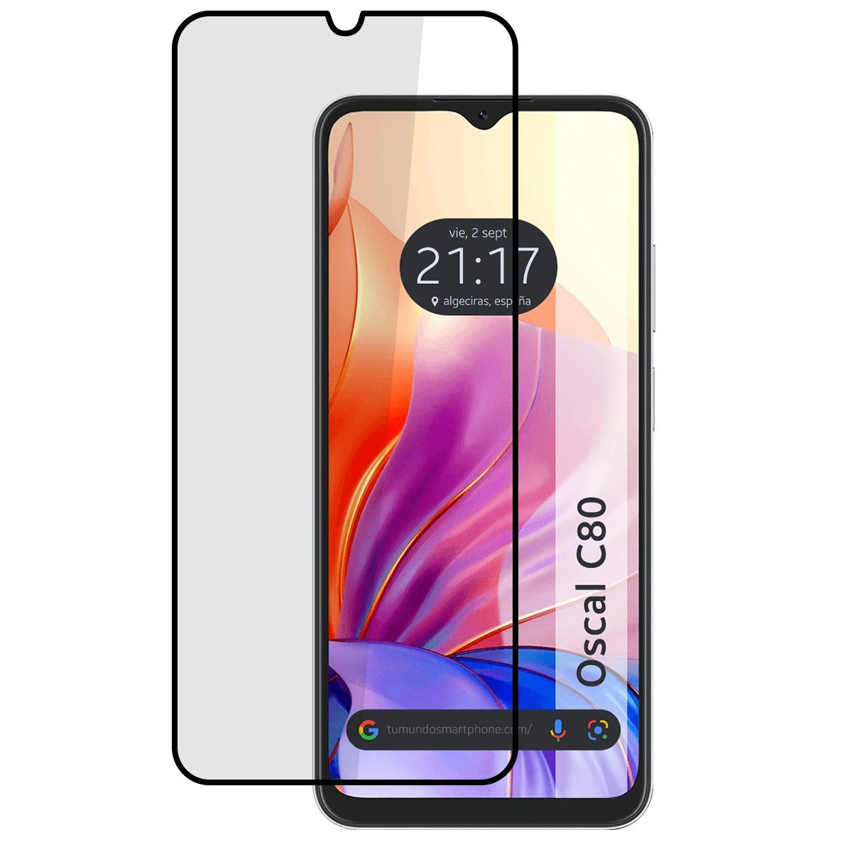 Un teléfono con protector de pantalla. La pantalla muestra un reloj. El teléfono está etiquetado Oscal C80.