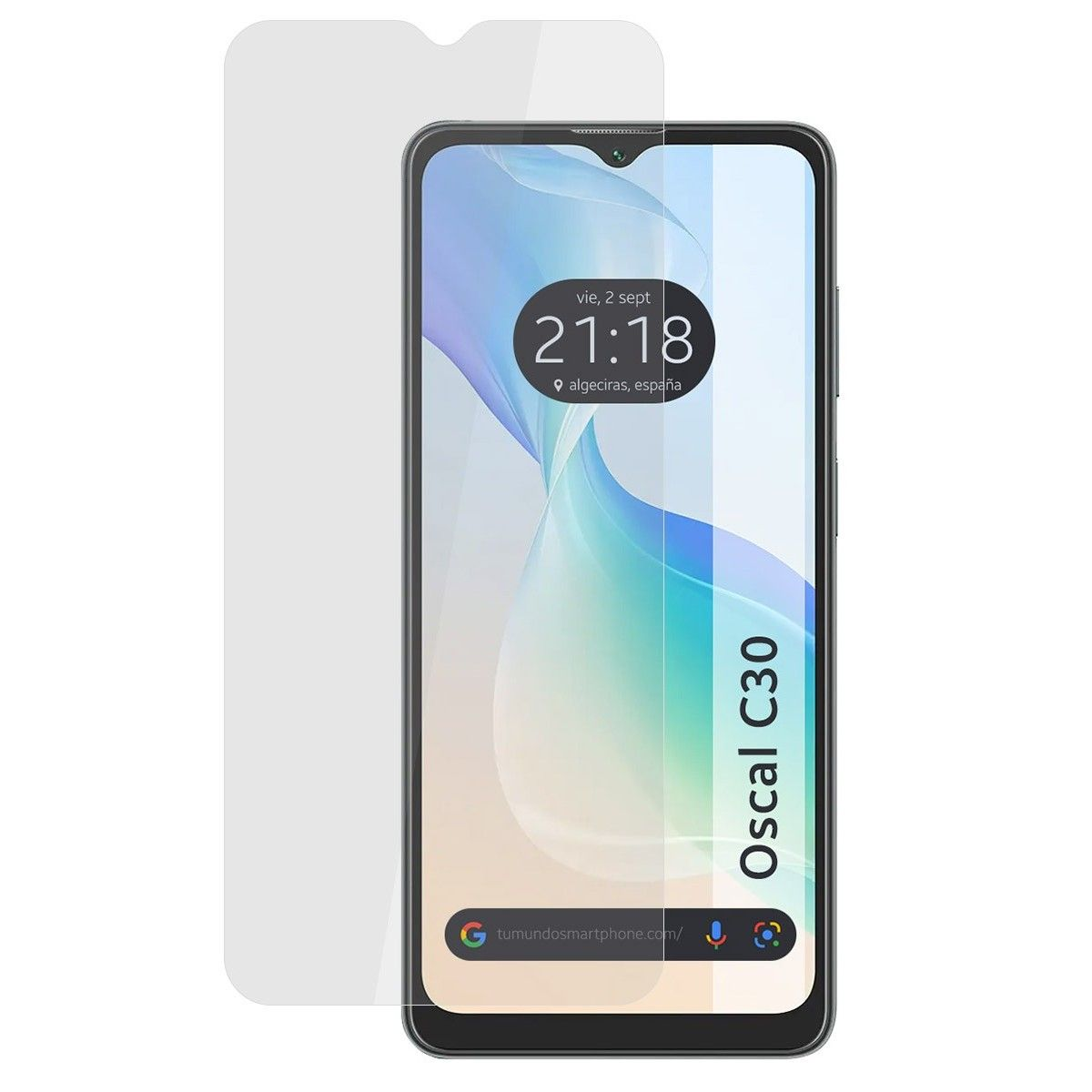 Smartphone con protector de pantalla. La pantalla muestra un reloj. El protector está instalado.