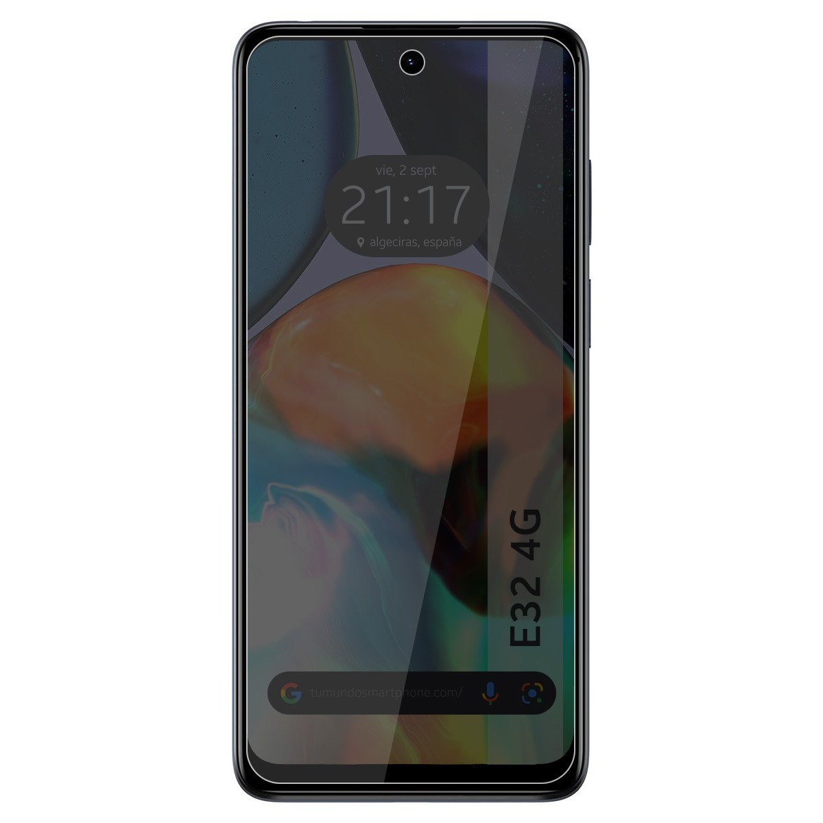 Una pantalla de teléfono con protector de pantalla. Muestra la hora, fecha y ubicación.