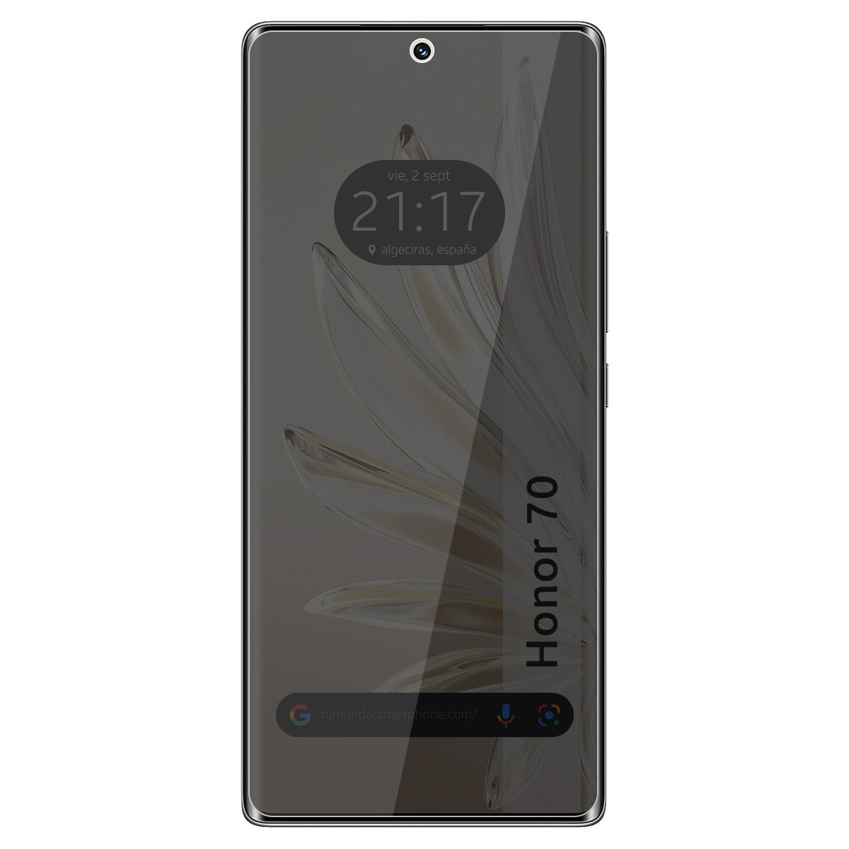 Una pantalla de smartphone que muestra la hora, la fecha y un logotipo. El teléfono tiene un fondo oscuro y el texto 'Honor 70'.