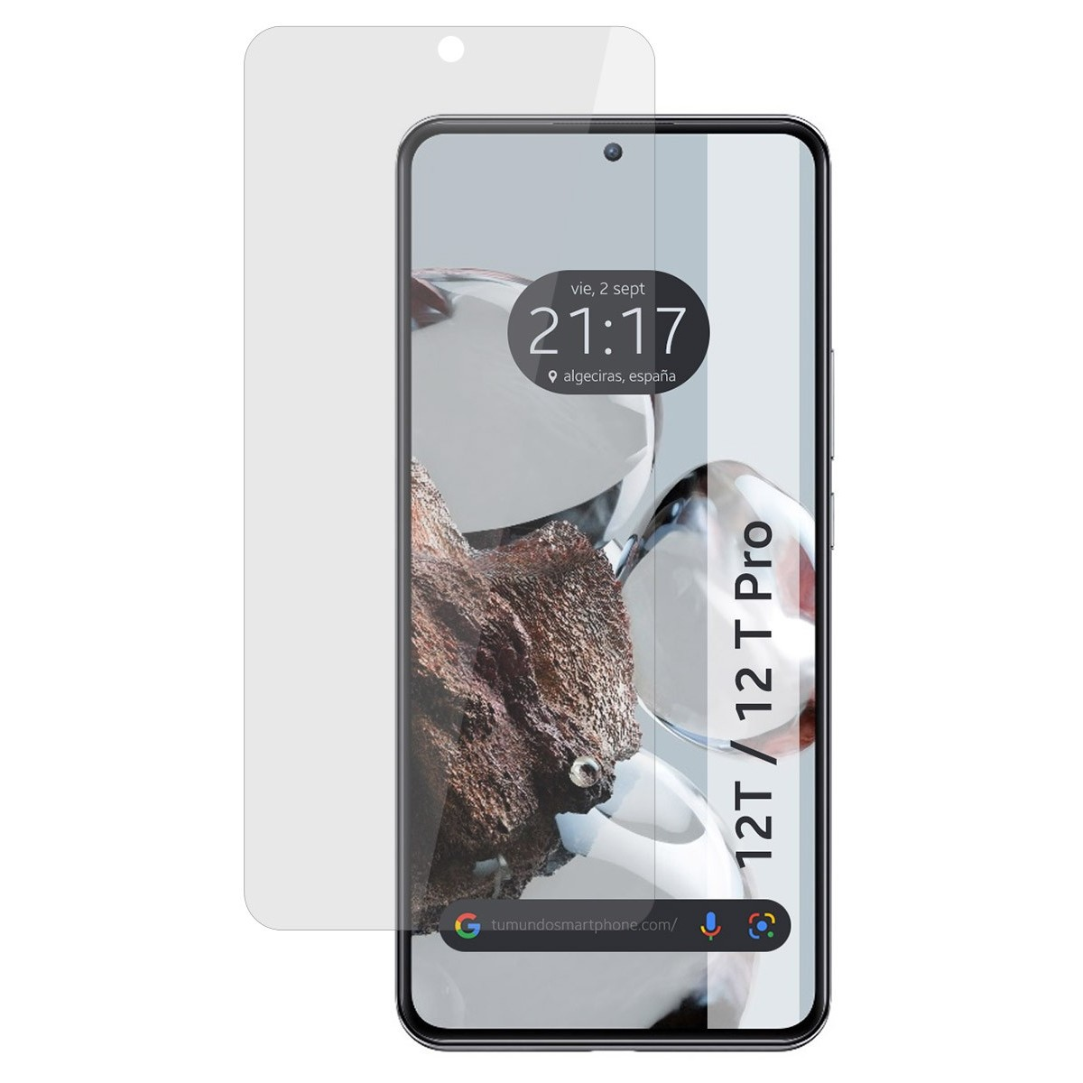 Smartphone con protezione schermo e visualizzazione dell'ora.