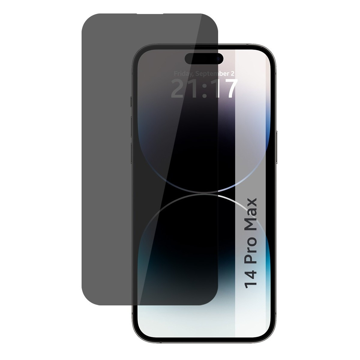 Smartphone con protector de pantalla. Muestra la hora y la fecha en la pantalla. El texto '14 Pro Max' es visible.