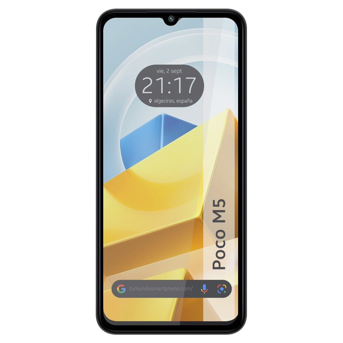 Pantalla de smartphone con protector. Hora 21:17, España. Etiqueta Poco M5.