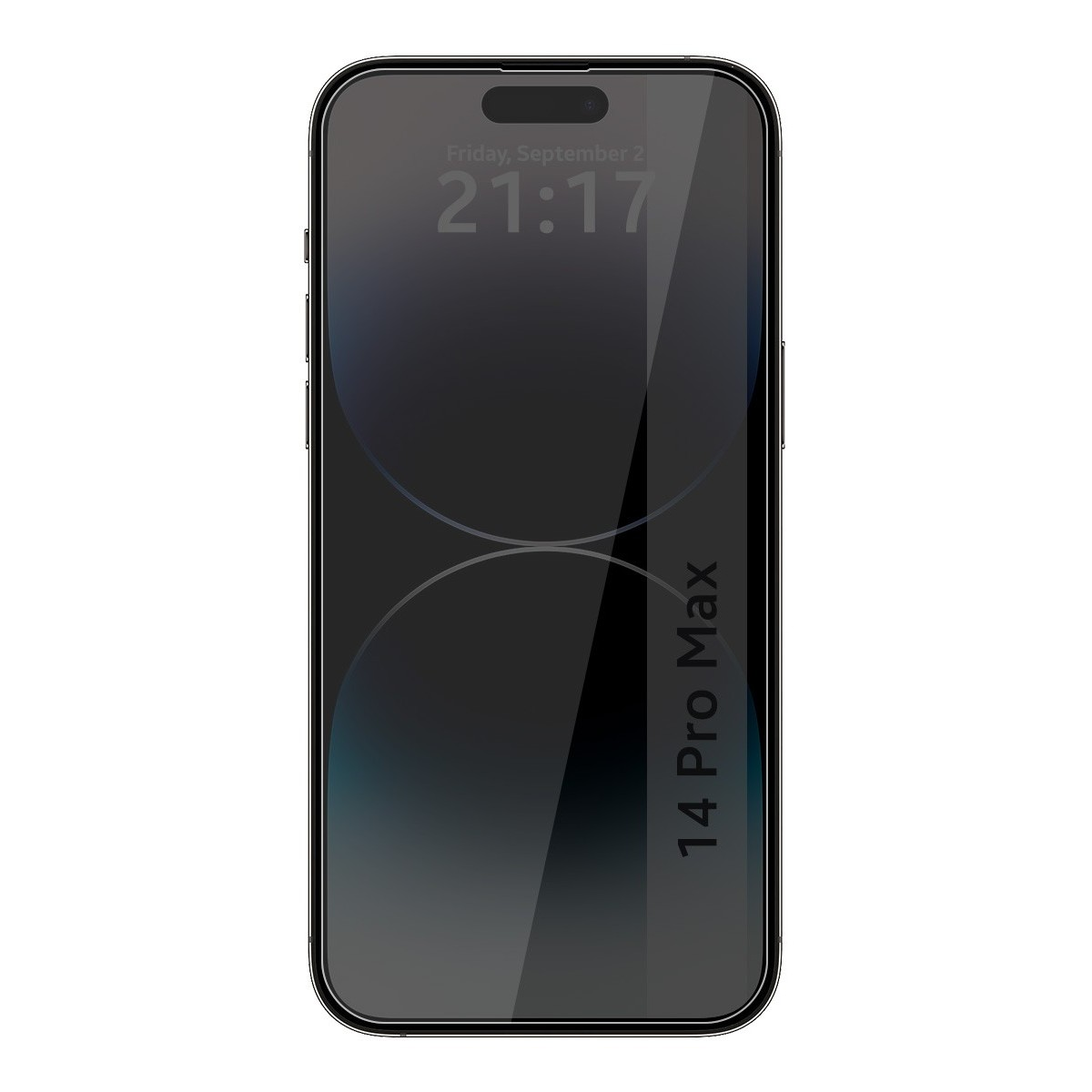 Smartphone negro con hora y fecha en pantalla. Texto '14 Pro Max' visible.