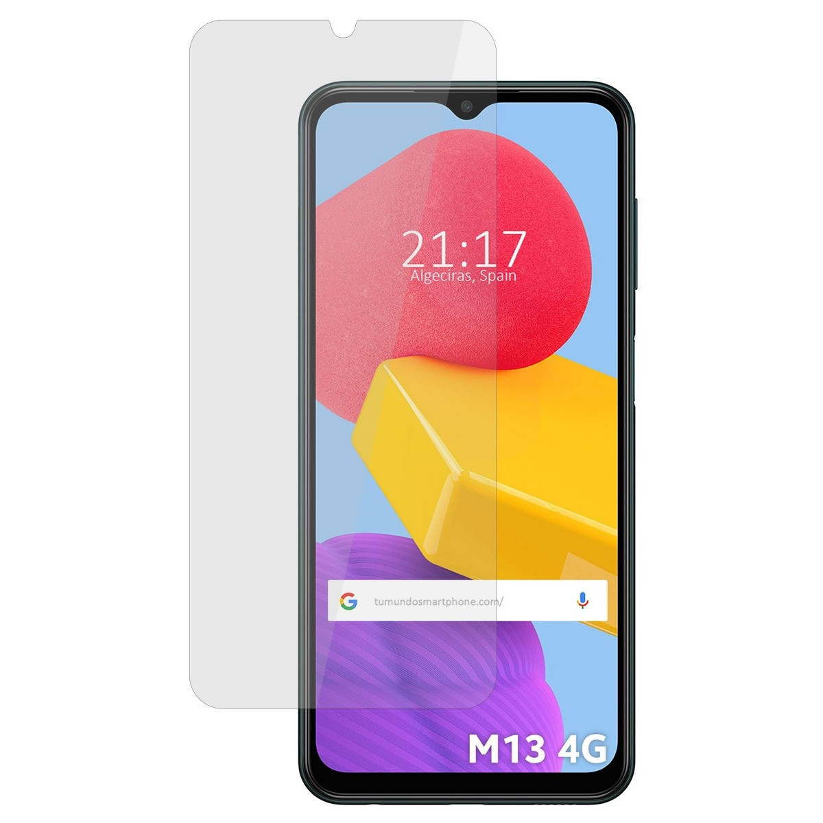 Pantalla de teléfono móvil que muestra la hora, la fecha y la ubicación Algeciras, España. M13 4G está escrito.