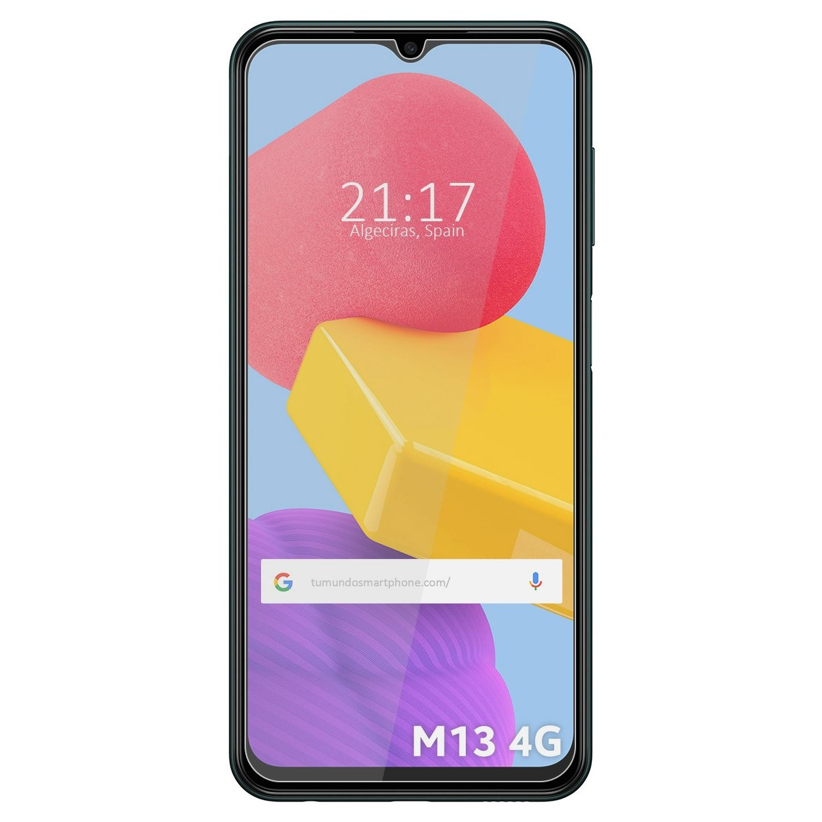 Pantalla del teléfono M13 4G con protector, mostrando la hora y un sitio web, con formas de color.