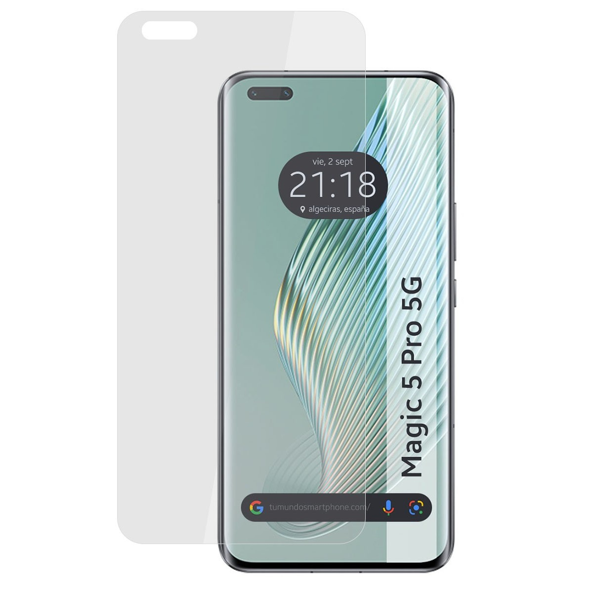 Uno smartphone con una protezione per lo schermo è mostrato. Il telefono mostra ora, data e Magic 5 Pro 5G.