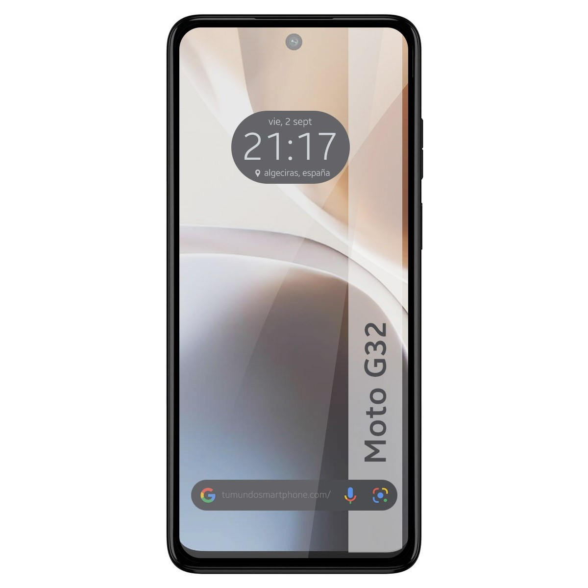 Smartphone Moto G32 mostrando hora y fecha. Barra web en la parte inferior.