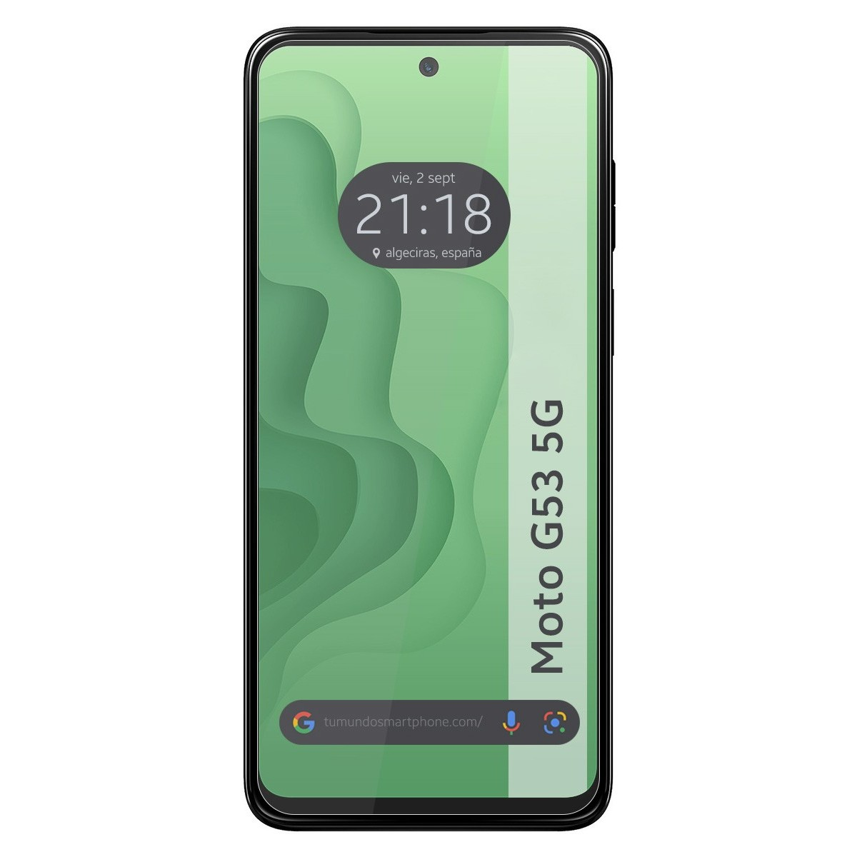 Pantalla de teléfono verde mostrando hora, fecha y ubicación. Texto: Moto G53 5G.