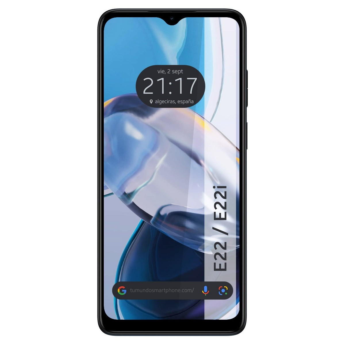 Smartphone mostrando reloj, fecha y ubicación española en pantalla, con fondo oscuro.