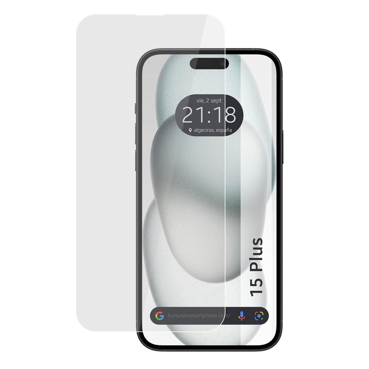 Smartphone con protector de pantalla, mostrando hora, fecha y modelo '15 Plus'.